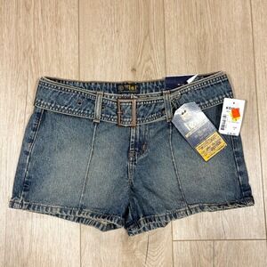 LEI Utility Gear Vintage Y2K Belted Denim mini Shorts Size 9 Medium Wash NEW